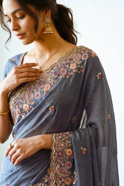 Women’s Blue Embroidered Saree with Floral Border, Elegant Traditional Indian Saree
