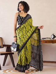 Women’s Ready to Wear Mul Cotton Saree with Pocket, Olive Green and Black Printed Stitched Saree