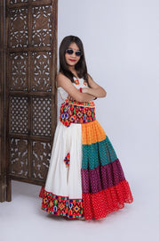 Girls Traditional Multicolor Bandhani Printed Lehenga Choli Set with White Top