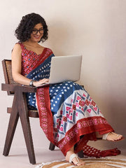 Women’s Ready to Wear Mul Cotton Saree with Pocket, Blue and Red Printed