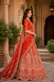 Women’s Red Printed Lehenga Choli with Dupatta, Traditional Indian Ethnic Wedding Wear