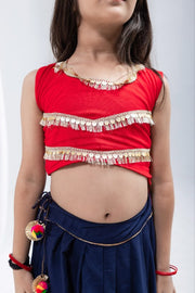 Girls Traditional Indian Navy Blue and Red Lehenga Choli Set