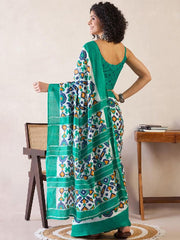Women’s Green Printed Mul Cotton Ready to Wear Saree with Pocket