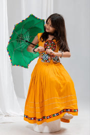 Girls Traditional Indian Lehenga Choli Set, Mustard Yellow Flared Lehenga Skirt