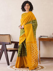 Women’s Ready to Wear Mul Cotton Saree with Pocket, Mustard Yellow and Olive Green