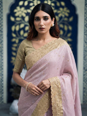 Pastel Pink Kanjivaram Silk Saree – Gold Zari Embroidered Wedding & Bridal Saree