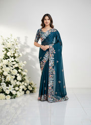 Teal Blue Embroidered Designer Saree – Indian Wedding Guest & Party Wear Saree