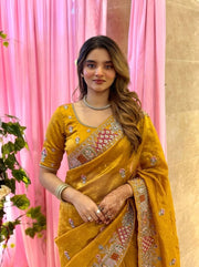 Ivory Tissue Silk Saree – Heavy Embroidered Indian Wedding & Party Wear Saree