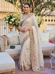 Rust Orange and Off White Embroidered Designer Saree – Indian Wedding Guest & Party Wear Saree