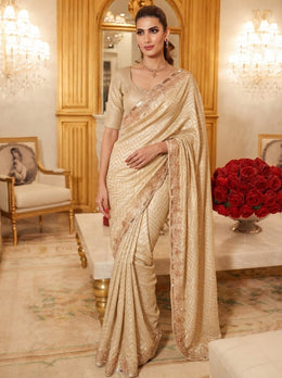 Champagne Gold Kanjivaram Silk Saree – Beaded Embroidered Wedding & Bridal Saree