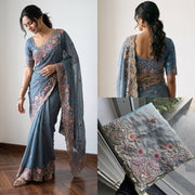 Women’s Blue Embroidered Saree with Floral Border, Elegant Traditional Indian Saree