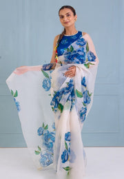 Women’s White Organza Silk Saree with Blue Floral Print