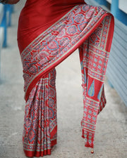 Women’s Ready to Wear Crape Silk Saree, Red Printed Stitched Saree with Traditional look