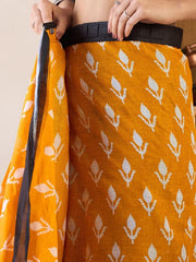 Women’s Ready to Wear Cotton Saree, Mustard Yellow and Black Printed