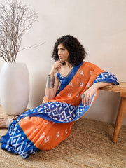 Women’s Ready to Wear Mul Cotton Saree with Pocket, Orange and Blue Printed