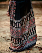 Women’s Ready to Wear Crape Silk Saree, Black Printed Stitched Saree with Red Floral