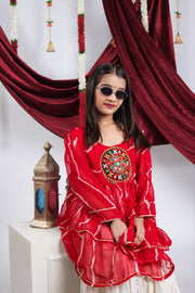 Indian Lehenga Choli Set with Red Bandhani Printed Top and Cream Flared Lehenga Skirt