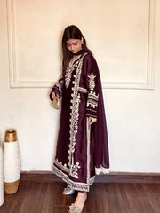 Women’s Maroon Embroidered Long Kurta with Ethnic Design