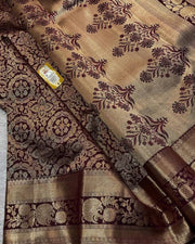 Dark Brown Banarasi Silk Saree for Women with All Over Floral Jacquard Weave