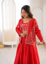 Women’s Embroidered Lehenga Choli Set with Jacket and Dupatta