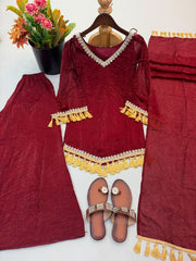 Women’s Beige,Maroon Embroidered Anarkali Suit Set with Dupatta
