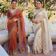 Rust Orange and Off White Embroidered Designer Saree – Indian Wedding Guest & Party Wear Saree