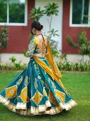 Women’s Teal Blue & Yellow Embroidered Lehenga Choli Set with Dupatta