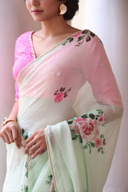 Women’s Ready to Wear Chiffon Silk Saree, Mint Green Floral Printed Stitched Saree