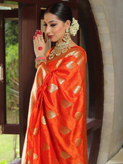 Indian Orange Red Silk Saree for Women with Golden Zari Butti and Rich Woven Border