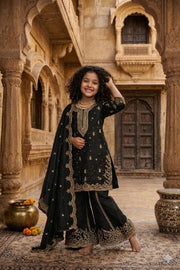 Girls Purple Embroidered Kurta Palazzo Set with Dupatta