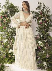 Women’s Designer Embroidered Lehenga Choli Set, Cream Ethnic Indian Wedding Dress