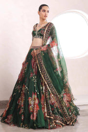 Women’s Green Floral Printed Embroidered Lehenga Choli with Dupatta