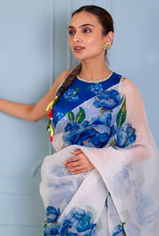 Women’s White Organza Silk Saree with Blue Floral Print