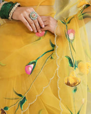 Women’s Ready to Wear Crape Silk Saree, Yellow Floral Printed Stitched Saree