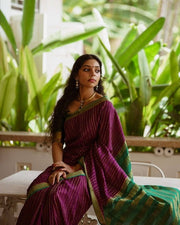 Wine Purple Silk Saree for Women with Green Contrast Border and Traditional Woven Design