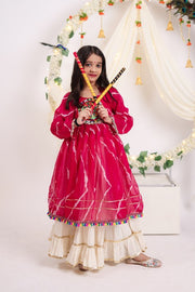 Indian Lehenga Choli Set with Pink Bandhani Printed Top and Cream Flared Lehenga Skirt
