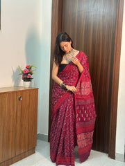 Women’s Wine Red Mul Cotton Printed Saree with Traditional Patterned Border