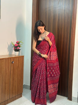 Women’s Wine Red Mul Cotton Printed Saree with Traditional Patterned Border