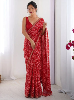Bandhani Print Saree for Women with White Traditional Pattern and Piping Border