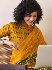 Women’s Ready to Wear Mul Cotton Saree with Pocket, Mustard Yellow and Olive Green