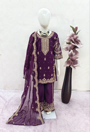 Girls Purple Embroidered Kurta Palazzo Set with Dupatta