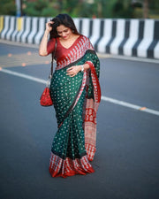 Women’s Ready to Wear Crape Silk Saree, Green and Red Printed Stitched Saree
