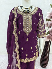 Girls Purple Embroidered Kurta Palazzo Set with Dupatta