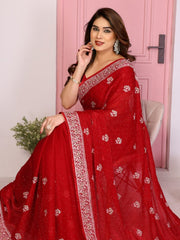 Red Saree for Women with Embroidered Border and Floral Motif Work