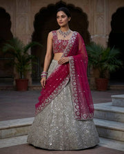 Women’s Magenta Pink & Silver Embroidered Lehenga Choli Set with Dupatta