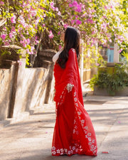 Women’s Red Lightweight Saree with White Floral Border
