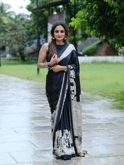 Women’s Ready to Wear Crape Silk Saree, Black Printed Stitched Saree