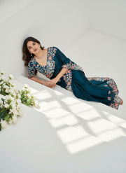Teal Blue Embroidered Designer Saree – Indian Wedding Guest & Party Wear Saree