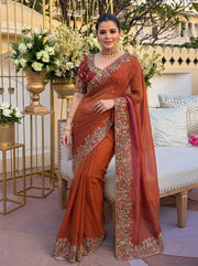 Rust Orange and Off White Embroidered Designer Saree – Indian Wedding Guest & Party Wear Saree