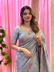 Ivory Tissue Silk Saree – Heavy Embroidered Indian Wedding & Party Wear Saree